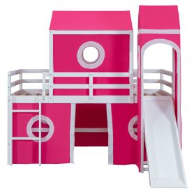 Twin Size Loft Bed with Slide Pink Tent and Tower