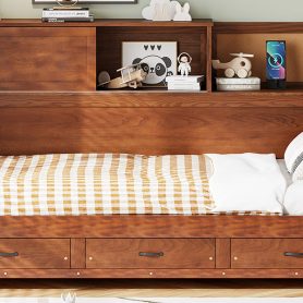 Wooden Twin Size Daybed with 3 Storage Drawers, Upper Soft Board, Shelf, and a Set of Sockets and USB Ports