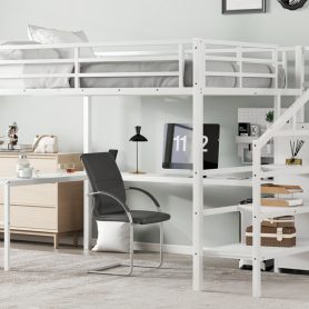 Metal Queen Size High Loft Bed with L-shaped Desk, USB, Wardrobe and Adjustable Shelf