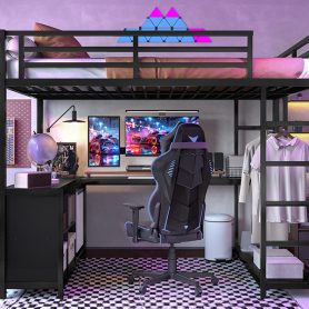 Full Size Loft Bed with Wardrobe, L-shaped Desk, Storage Cubes and Shelves