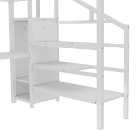 Metal Queen Size High Loft Bed with L-shaped Desk, USB, Wardrobe and Adjustable Shelf