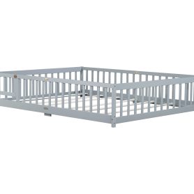Rubber Wood Queen Size Floor Bed with Fence, Door and Safety Guardrails