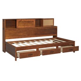 Wooden Twin Size Daybed with 3 Storage Drawers, Upper Soft Board, Shelf, and a Set of Sockets and USB Ports