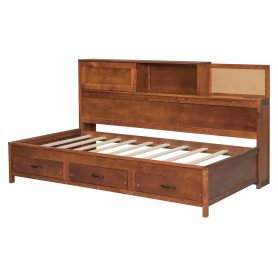 Wooden Twin Size Daybed with 3 Storage Drawers, Upper Soft Board, Shelf, and a Set of Sockets and USB Ports