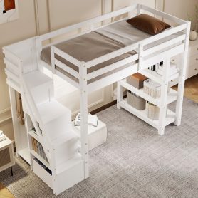 Twin Size Loft Bed with Shelves, Storage Staircase, Wardrobe and LED Light 34 Twin Size Loft Bed with Shelves, Storage Staircase, Wardrobe and LED Light