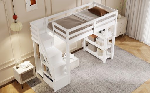 Twin Size Loft Bed with Shelves, Storage Staircase, Wardrobe and LED Light