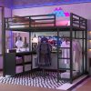 Full Size Loft Bed with Wardrobe, L-shaped Desk, Storage Cubes and Shelves