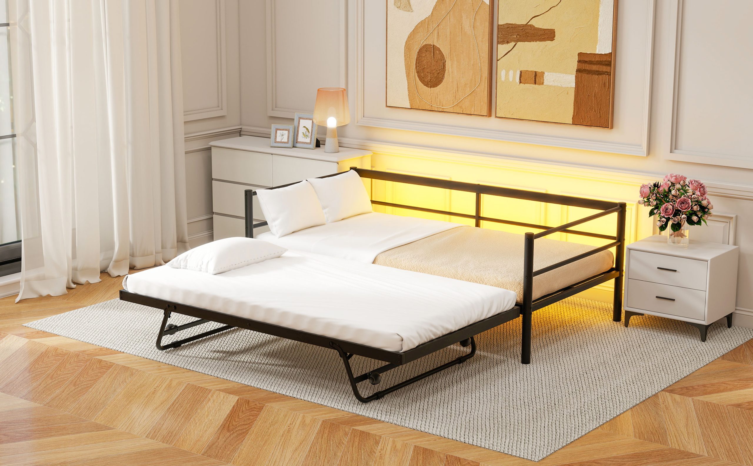 Twin Size Metal Daybed with LED and Adjustable Trundle 8 Twin Size Metal Daybed with LED and Adjustable Trundle