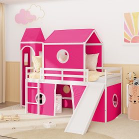 Twin Size Loft Bed with Slide Pink Tent and Tower