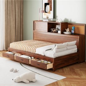 Wooden Twin Size Daybed with 3 Storage Drawers, Upper Soft Board, Shelf, and a Set of Sockets and USB Ports