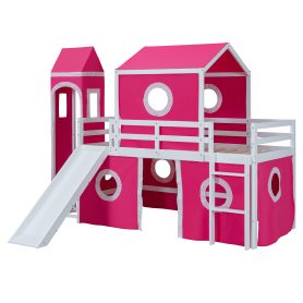 Twin Size Loft Bed with Slide Pink Tent and Tower