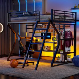 Full Size Metal Gaming Loft Bed with Built-in Work Station, Open Wardrobe, LED and Multiple Storage 37 Full Size Metal Gaming Loft Bed with Built-in Work Station, Open Wardrobe, LED and Multiple Storage