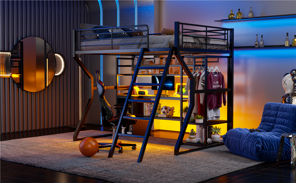 Full Size Metal Gaming Loft Bed with Built-in Work Station, Open Wardrobe, LED and Multiple Storage 18 Full Size Metal Gaming Loft Bed with Built-in Work Station, Open Wardrobe, LED and Multiple Storage