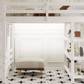 Full Size Loft Bed with Shelves, Storage Staircase, Wardrobe and LED Light