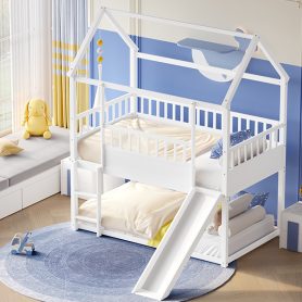 Wooden Twin Over Twin Floor Bunk Bed With Safety Guardrail, Convertible Slide And Ladder
