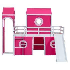 Twin Size Loft Bed with Slide Pink Tent and Tower