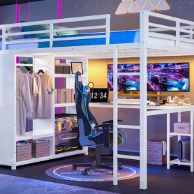 Metal Queen Size Loft Bed Frame With Built-in Wardrobe, Desk And Storage Shelves