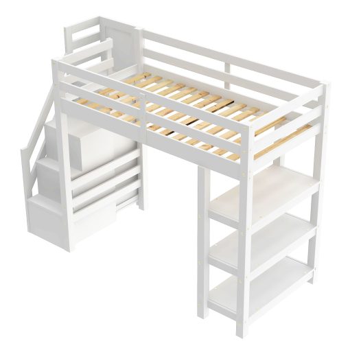 Twin Size Loft Bed with Shelves, Storage Staircase, Wardrobe and LED Light