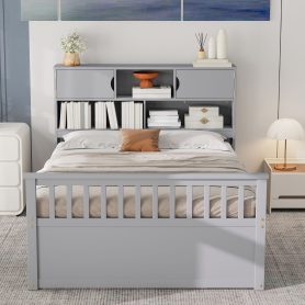Full Size Captain Platform Bed Frame With Storage Bookcases, Shelves And Four Drawers