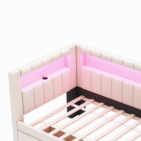 Upholstered Twin Size Platform Bed with USB Ports, 2 Drawers and LED Belt