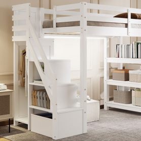Twin Size Loft Bed with Shelves, Storage Staircase, Wardrobe and LED Light 31 Twin Size Loft Bed with Shelves, Storage Staircase, Wardrobe and LED Light