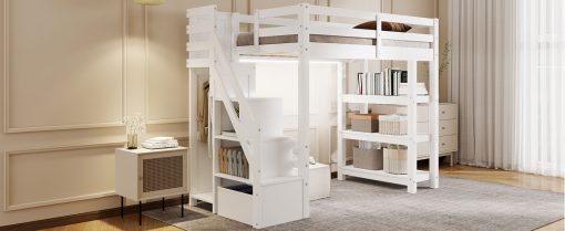 Twin Size Loft Bed with Shelves, Storage Staircase, Wardrobe and LED Light