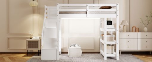 Twin Size Loft Bed with Shelves, Storage Staircase, Wardrobe and LED Light