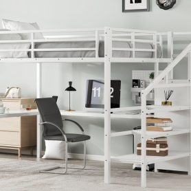 Metal Queen Size High Loft Bed with L-shaped Desk, USB, Wardrobe and Adjustable Shelf