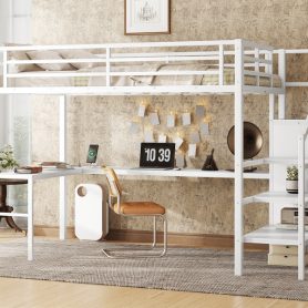 Metal Full Size Loft Bed With L-Shaped Desk, USB, Wardrobe And Adjustable Shelf