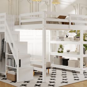 Full Size Loft Bed with Shelves, Storage Staircase, Wardrobe and LED Light