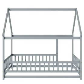 Full Size House Floor Wooden Bed With Roof Frame, Safety Guardrails
