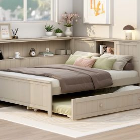 Full Size Wood Daybed with Storage Shelves and Trundle