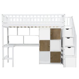 Wood Twin Size Loft Bed with Built-in Desk, LED, Storage Shelves, Cabinets and Staircase 40 Wood Twin Size Loft Bed with Built-in Desk, LED, Storage Shelves, Cabinets and Staircase