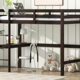 Twin Rubber Wood Loft Bed With Safety Guardrail, Built-in Desk, Ladder