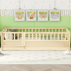 Twin Size Floor Bed, Integral Construction With Super High Security Barrier, Door