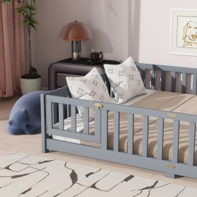 Rubber Wood Queen Size Floor Bed with Fence, Door and Safety Guardrails