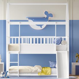 Wooden Twin Over Twin Floor Bunk Bed With Safety Guardrail, Convertible Slide And Ladder