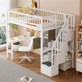 Wood Twin Size Loft Bed with Built-in Desk, LED, Storage Shelves, Cabinets and Staircase 28 Wood Twin Size Loft Bed with Built-in Desk, LED, Storage Shelves, Cabinets and Staircase