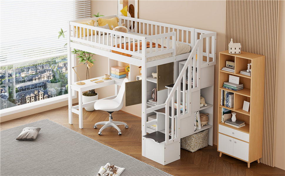 Wood Twin Size Loft Bed with Built-in Desk, LED, Storage Shelves, Cabinets and Staircase 6 Wood Twin Size Loft Bed with Built-in Desk, LED, Storage Shelves, Cabinets and Staircase