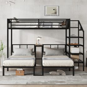 Twin XL over Twin & Twin Bunk Bed Metal Triple Bunk Bed with Desk & Shelves