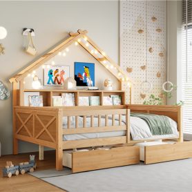 Wood Full Size House Platform Beds With Led, Storage Shelves, Drawers And Guardrail 26 Wood Full Size House Platform Beds With Led, Storage Shelves, Drawers And Guardrail