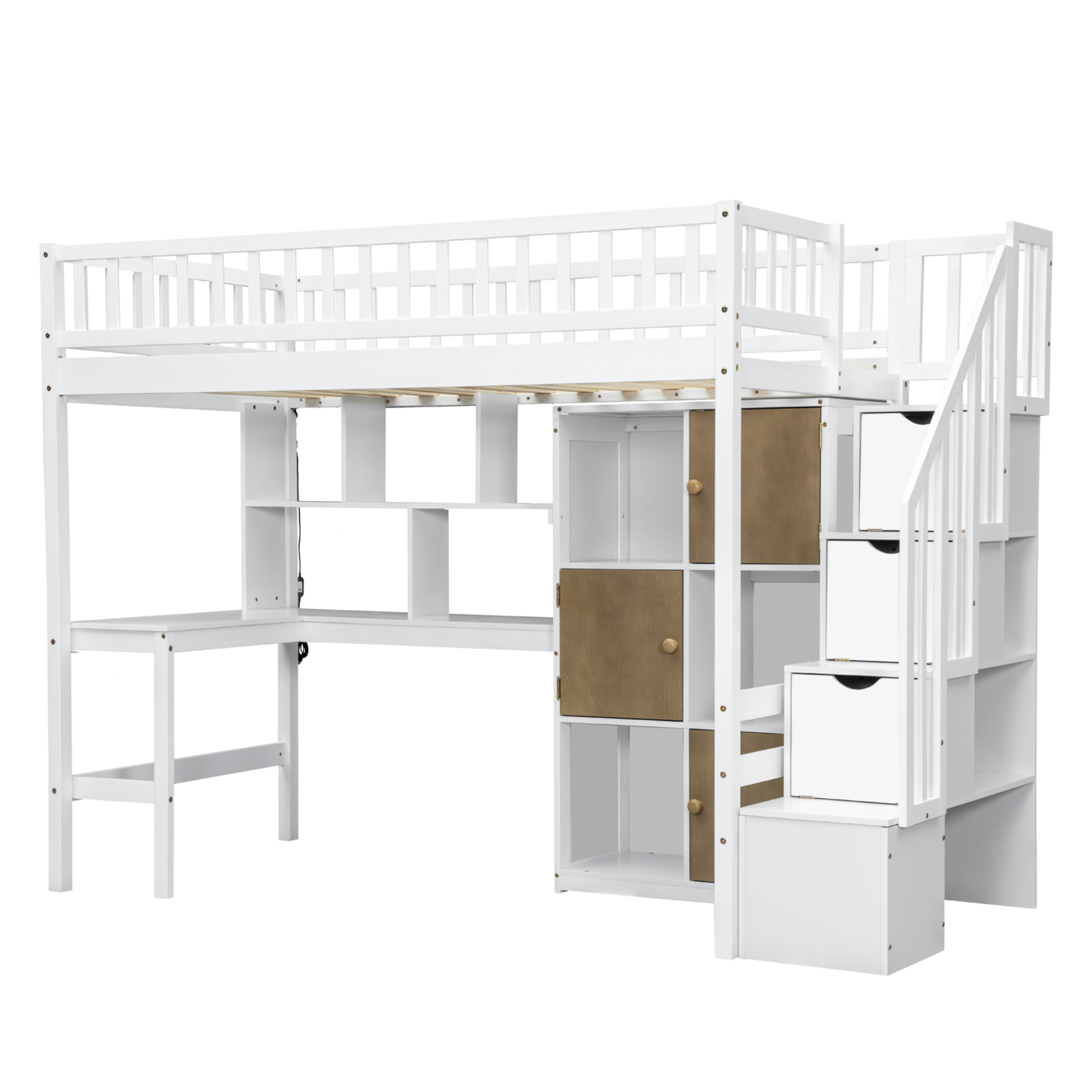 Wood Twin Size Loft Bed with Built-in Desk, LED, Storage Shelves, Cabinets and Staircase 23 Wood Twin Size Loft Bed with Built-in Desk, LED, Storage Shelves, Cabinets and Staircase
