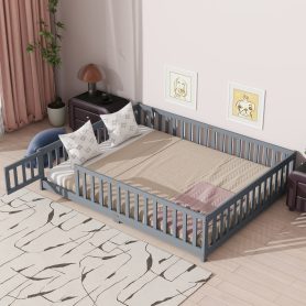 Rubber Wood Queen Size Floor Bed with Fence, Door and Safety Guardrails