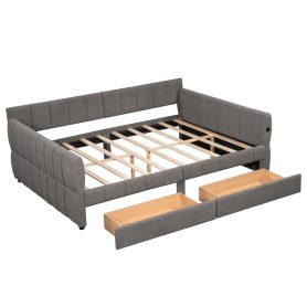 Queen Size Upholstered Platform Bed with USB and 2 Drawers