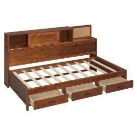 Wooden Twin Size Daybed with 3 Storage Drawers, Upper Soft Board, Shelf, and a Set of Sockets and USB Ports