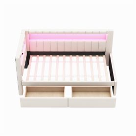 Upholstered Twin Size Platform Bed with USB Ports, 2 Drawers and LED Belt