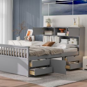 Full Size Captain Platform Bed Frame With Storage Bookcases, Shelves And Four Drawers