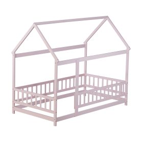 Wooden Twin Size House Floor Bed With Roof Frame, Safety Guardrails