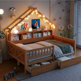 Wood Full Size House Platform Beds With Led, Storage Shelves, Drawers And Guardrail 27 Wood Full Size House Platform Beds With Led, Storage Shelves, Drawers And Guardrail