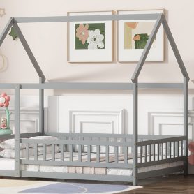 Full Size House Floor Wooden Bed With Roof Frame, Safety Guardrails